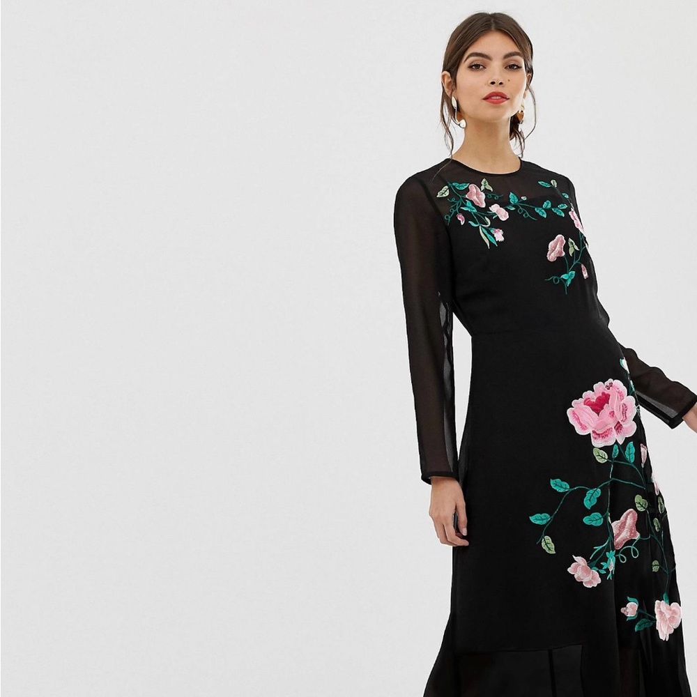 ASOS Design midi dress with floral embroidery and long sleeves